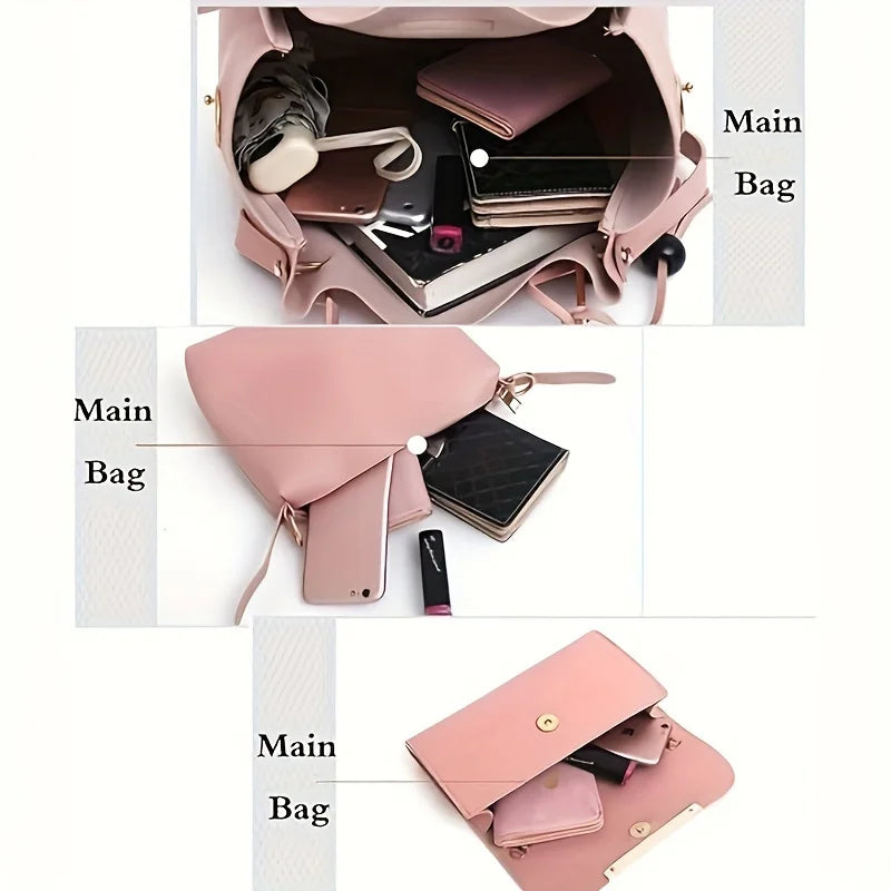 PU Leather Women Tote Bag Set Shoulder Crossbody Messenger Clutch
