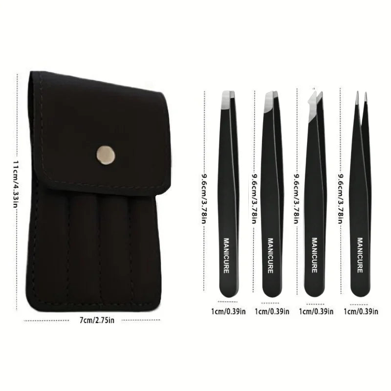 1/4pc Stainless Steel  Eyebrow Tweezers Kit Eyebrow Eyelash Tweezers with Storage Bag Beauty Salon Home Hair Removal Tweezers