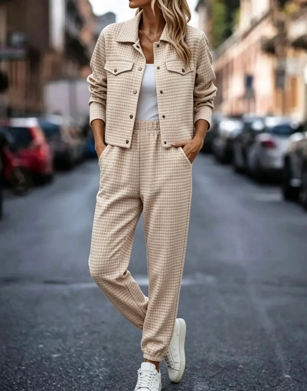 Women's Gingham Plaid Two Piece Set With Cropped Jacket Joggers