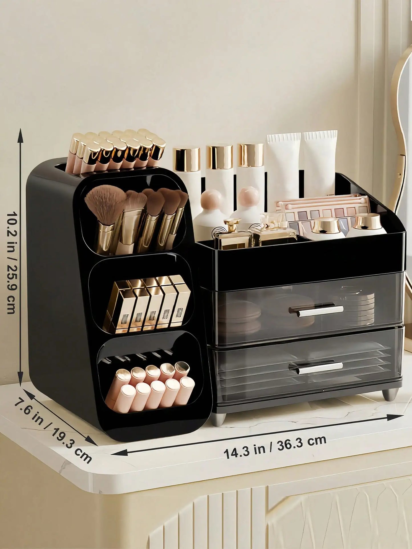 Makeup Organizer with Brush Holder & Drawers, Large Capacity Cosmetic Storage for Vanity Bathroom Countertop, Skincare Lipstick Display Stand