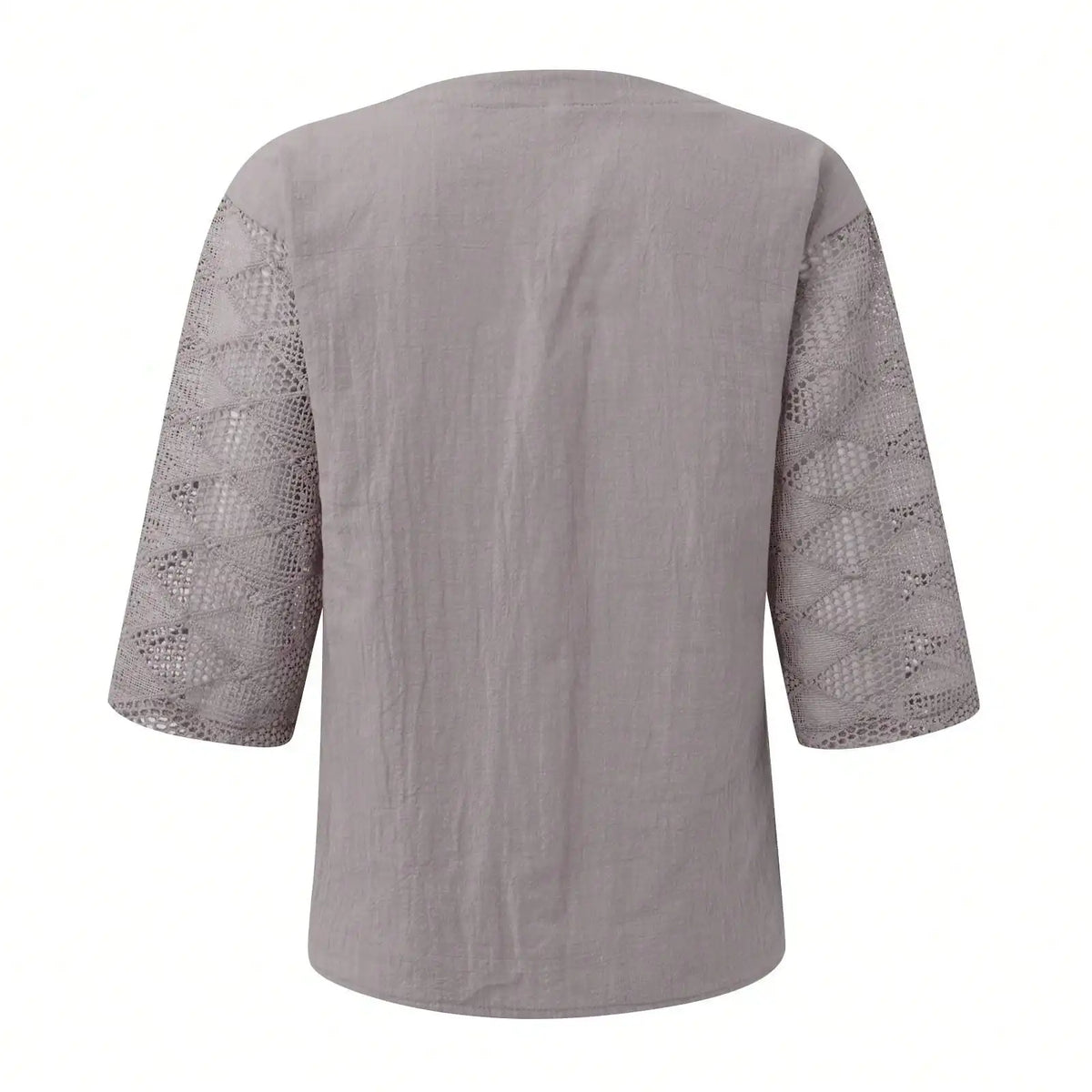 Women's Summer Cotton Shirt, Solid Color Casual Hollow U-Neck 3/4 Sleeve Lace Shirt, Women's Solid Color Lace Stitched Short-Sleeve T-Shirt, Loose Shirt, Women's Top, Short-Sleeve Loose Fit