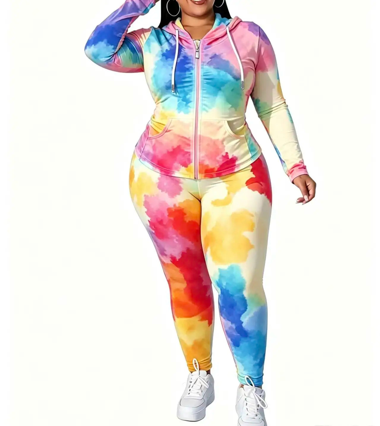 Zip-Up Hoodie And Skinny Pants Two-Piece Set With Tie-Dye Pattern