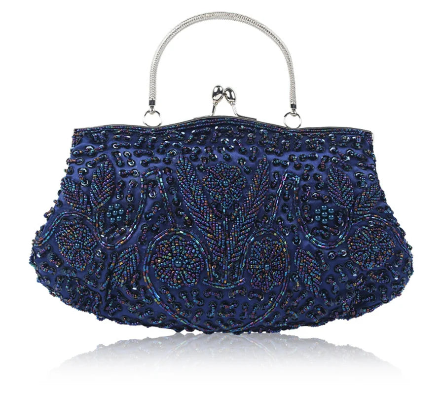 Womens Beaded Embroidered Clutch Bag With Shoulder Chain Party Purse