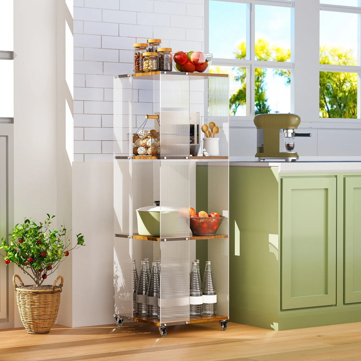4-Tiered Storage Bookshelf Free Standing Acrylic Panels Storage Rack Shelving Unit on Wheels for Home Organization