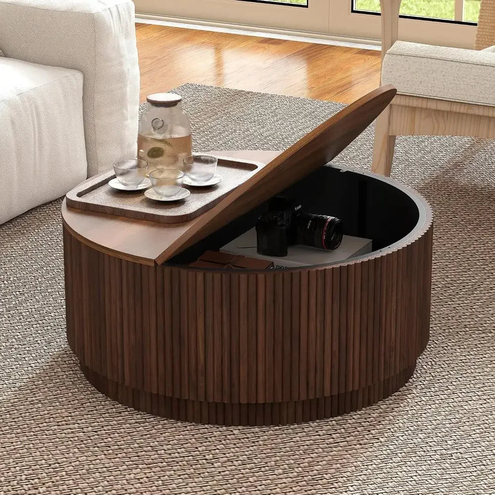 31.5" Round Coee Table with Storage, Century ern Coee Tables with luted Base, Wooden Circle Accent Center Table or Living Room S
