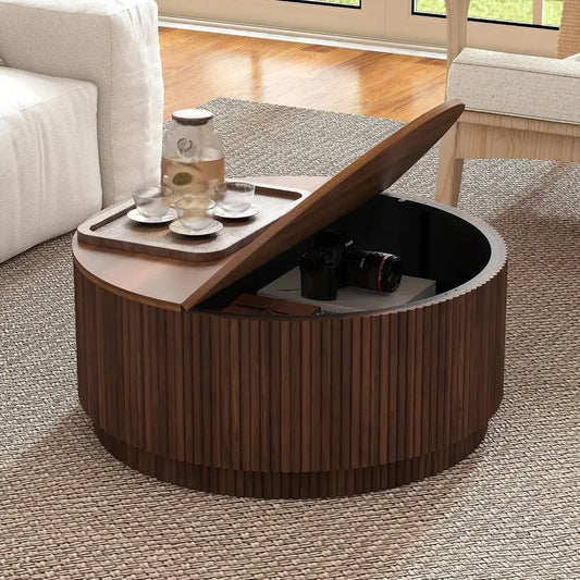 31.5" Round Coee Table with Storage, Century ern Coee Tables with luted Base, Wooden Circle Accent Center Table or Living Room S