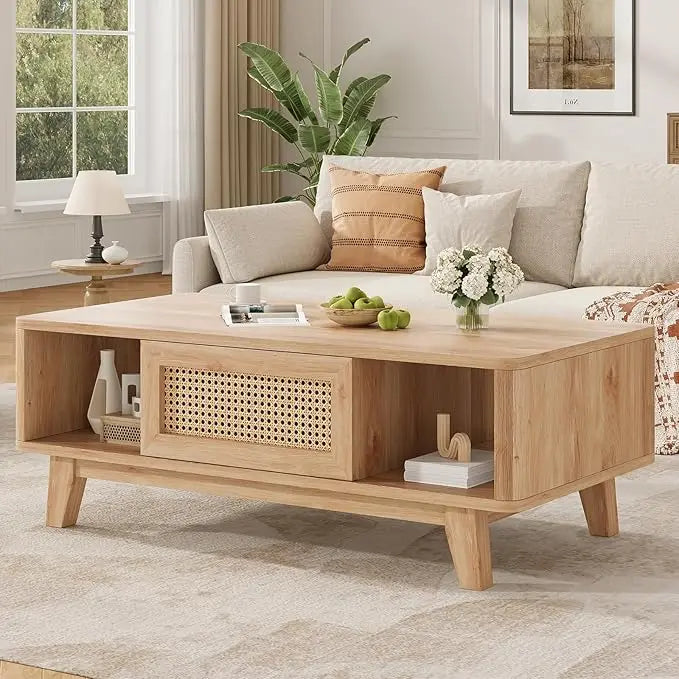 Farini Mid Century Modern Coffee Table with Rattan Drawer, Wood Storage Table for Living Room, Farmhouse Home Furniture