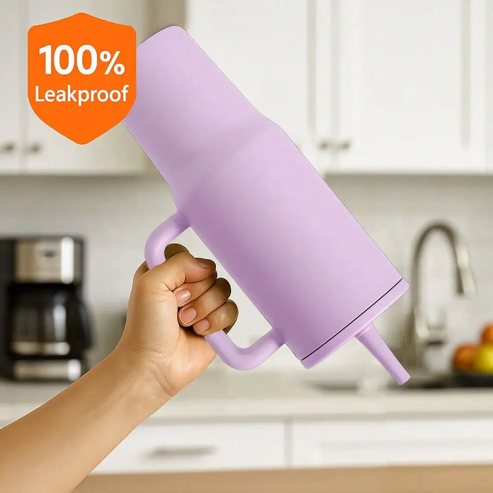 1Pc 40oz Leakproof Multicolor Cups, 304 Stainless Steel Thermal Insulated Coffee Mug With Handle, Travel Tumbler With Straw Lid