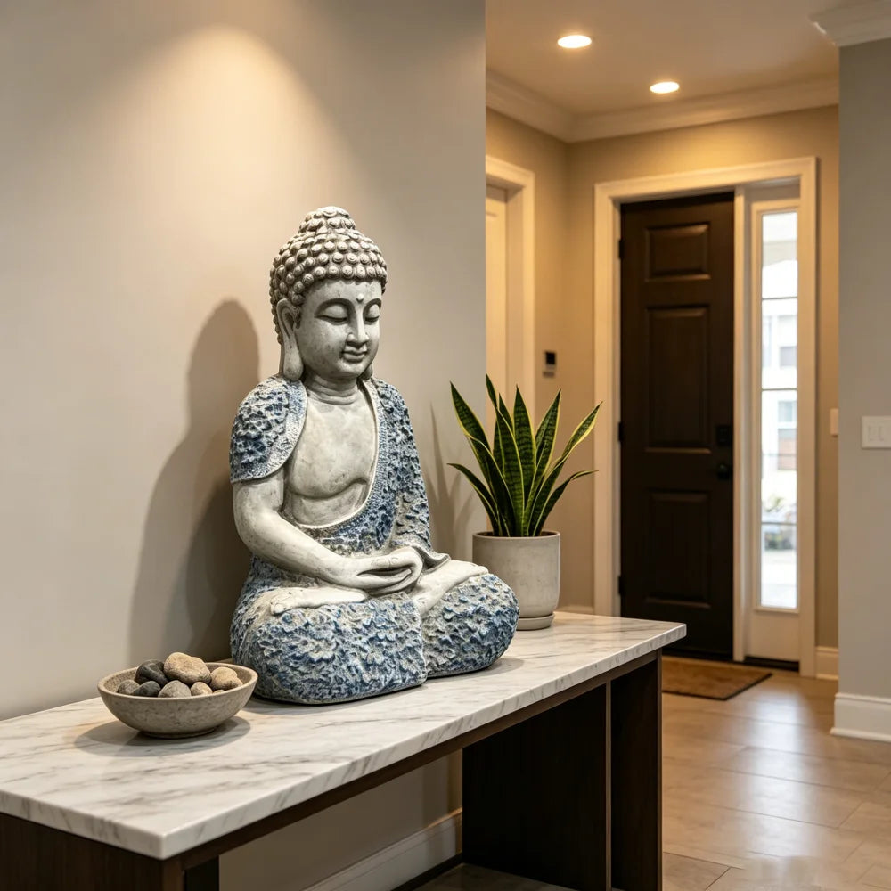 Weatherproof Resin Meditating Buddha Statue With Floral Details Outdoor