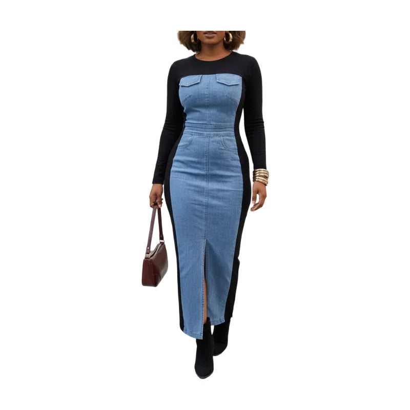 Women's Round Neck Long Sleeve Color Block Front Slit Slim Fit Midi Dress For Urban Street Daily Casual Fashion Occasions