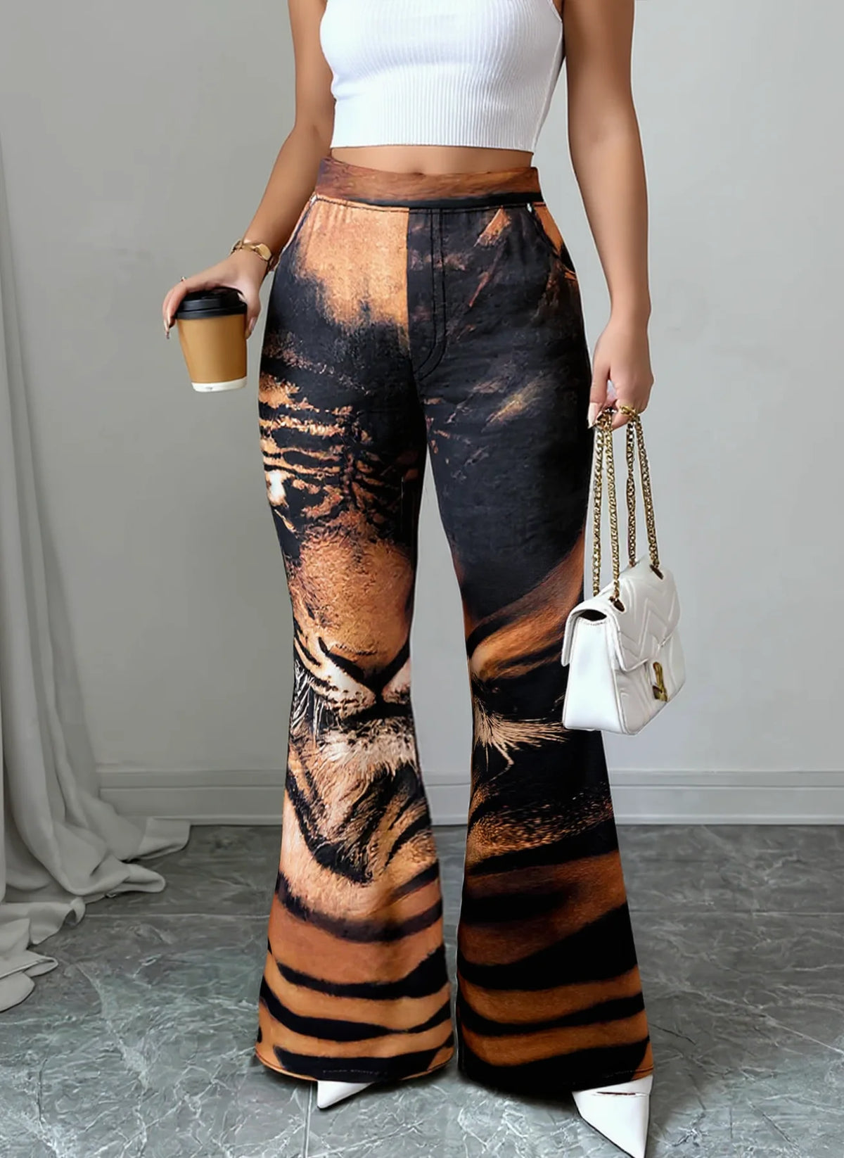 Women High Waist Tiger Print Flare Pants Vintage Animal Pattern Stretch Bell‑Bottom Trousers Club Party Streetwear Pants