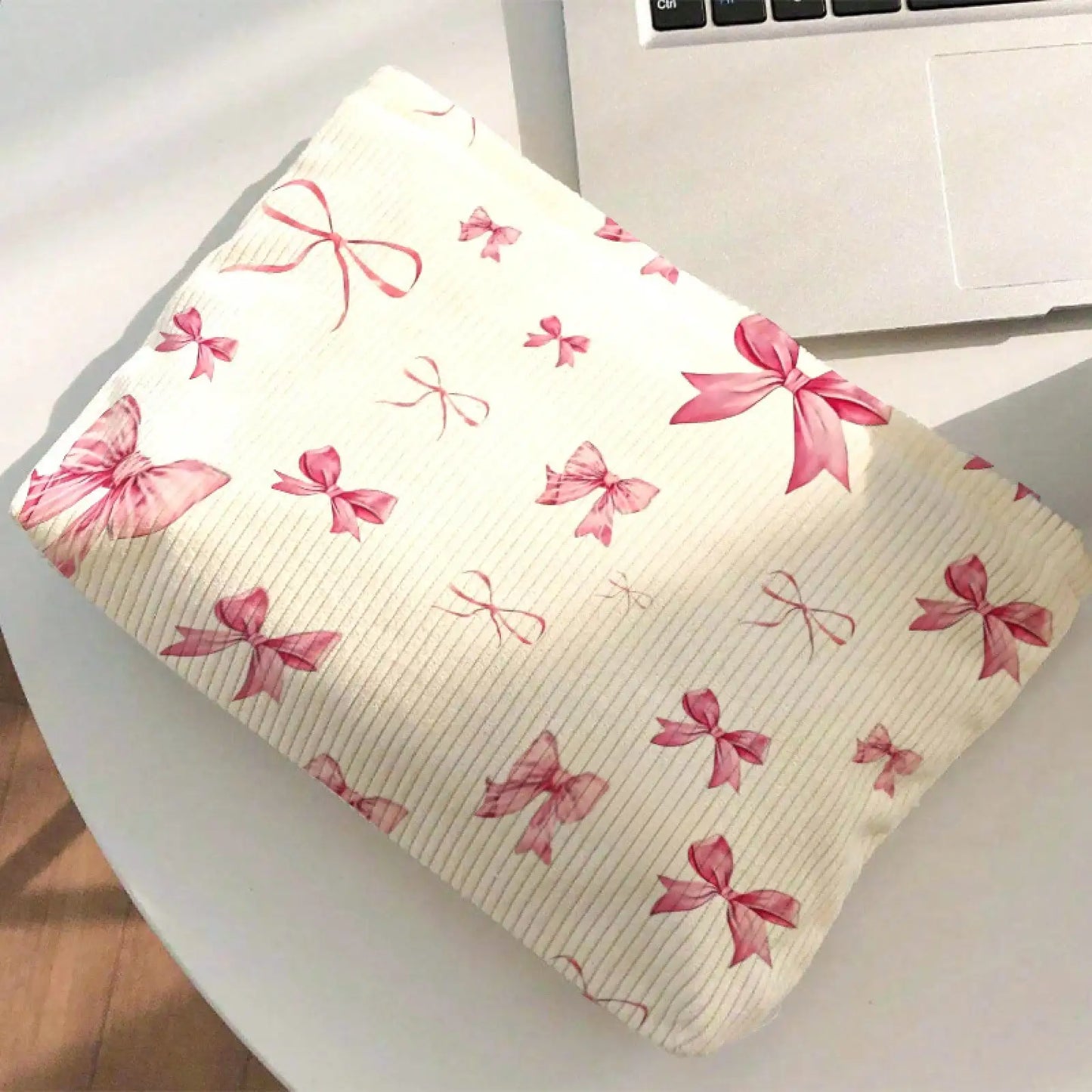 Corduroy Makeup Bag With Bow Pattern Lightweight Zipper Organizer