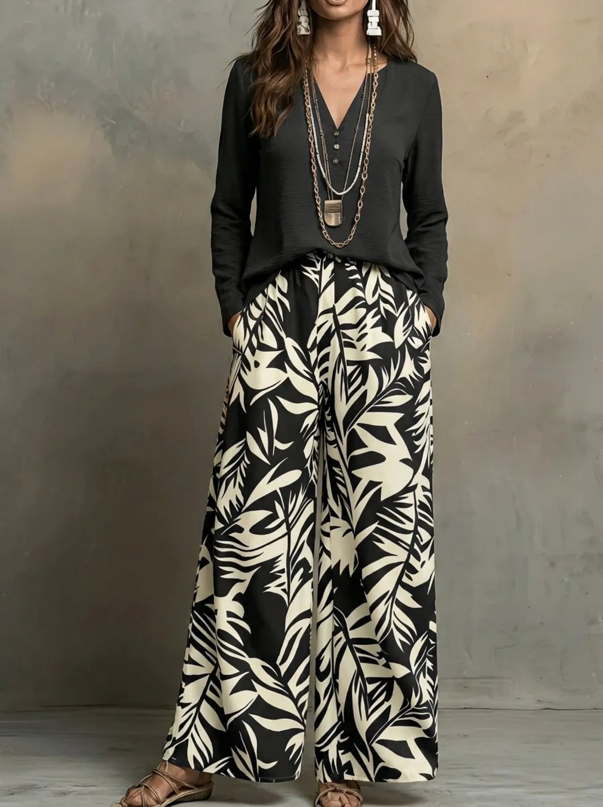 Womens Leaf Print V Neck Blouse Wide Leg Pants Set