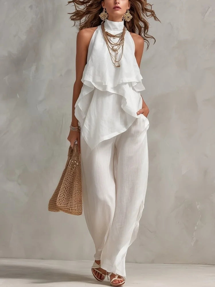 Women Halter Ruffle Top High Waist Wide Leg Pants Vacation Set