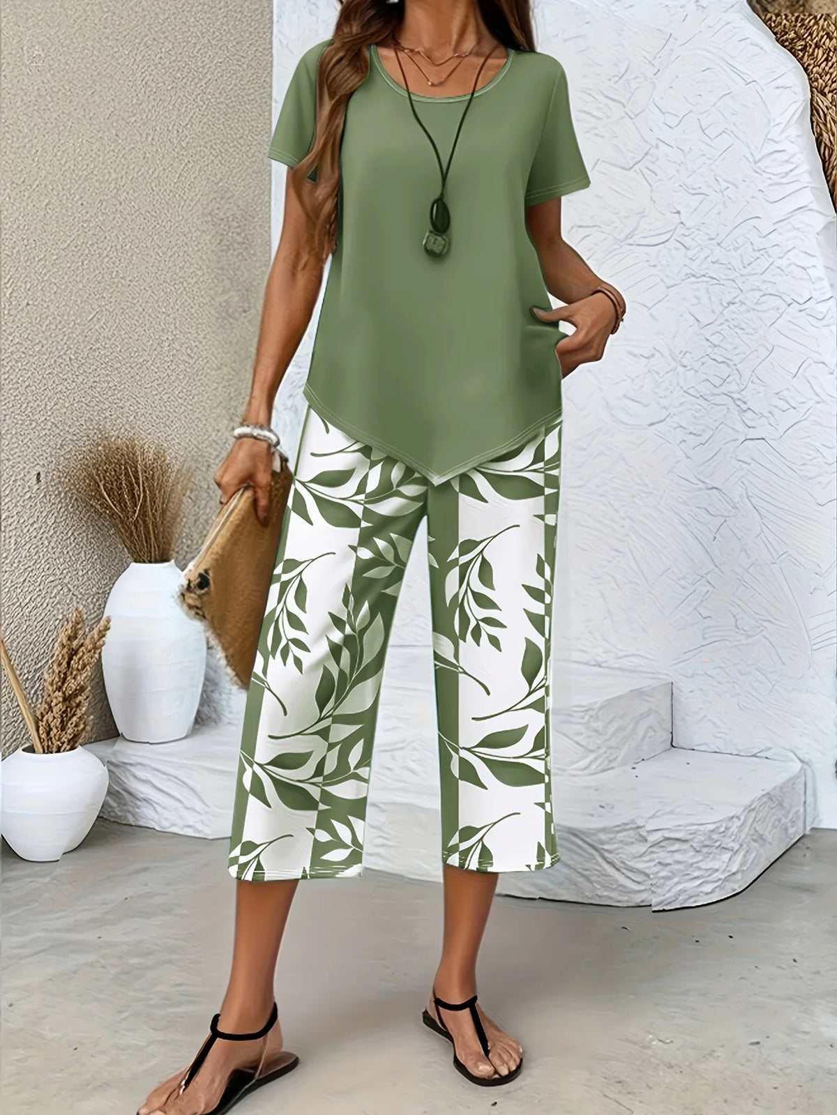 QQRRGK Women Casual Leaf Print Two Piece Pants Set