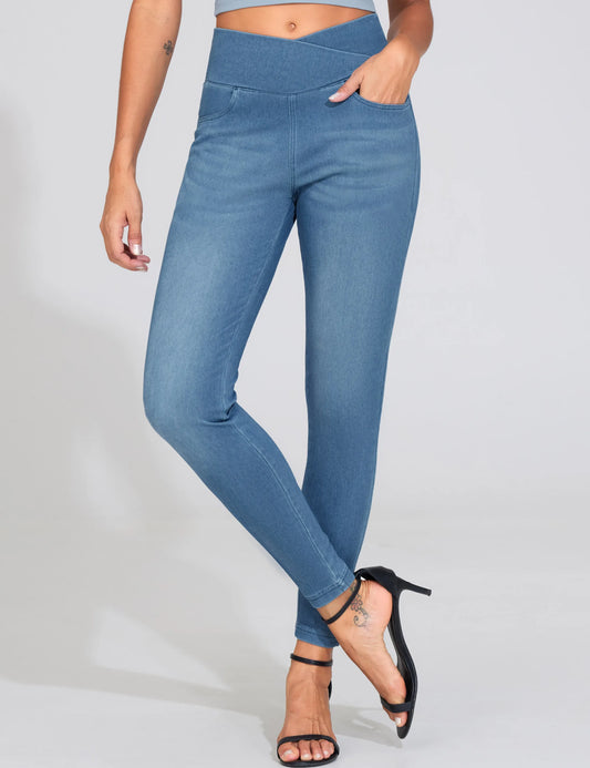 THE GYM PEOPLE Women's  High Waisted Skinny Denim Jegging Pants with Pockets V Cross Stretchy  Jean Leggings