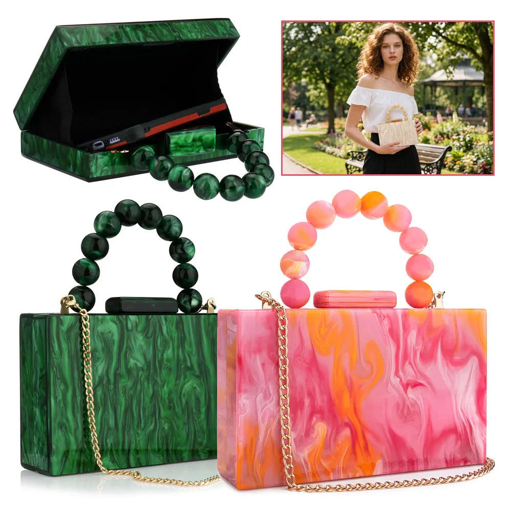 Marble Acrylic Beading Box Clutch Luxury Evening Bag With Chain Strap