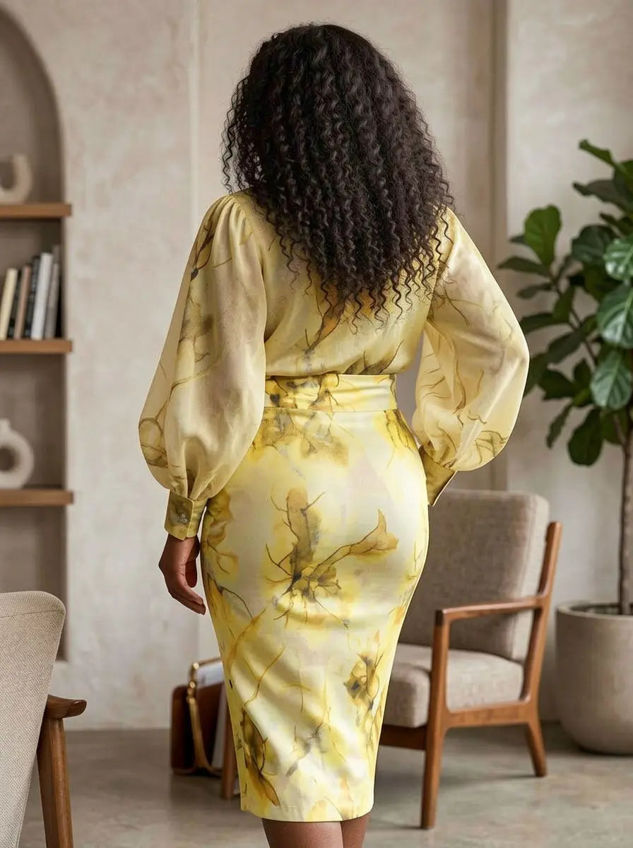 Women Long Sleeve Printed Bodycon Midi Skirt Two Piece Outfit