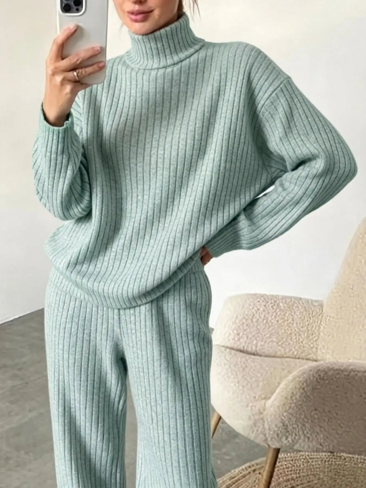 Womens Ribbed Turtleneck Sweater and Wide Leg Pants Set