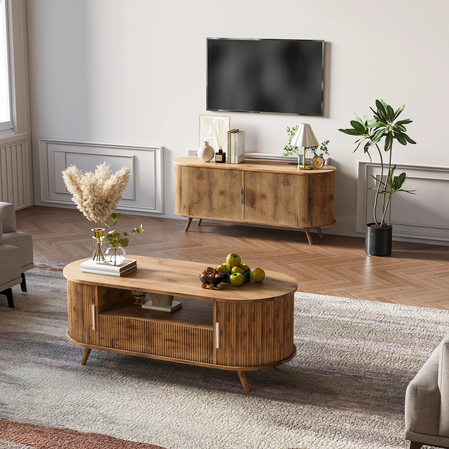 45 Inch Oval Coffee Table With Storage, Mid Century Modern Center Table With Drawer And Sliding Doors, Nature Oak