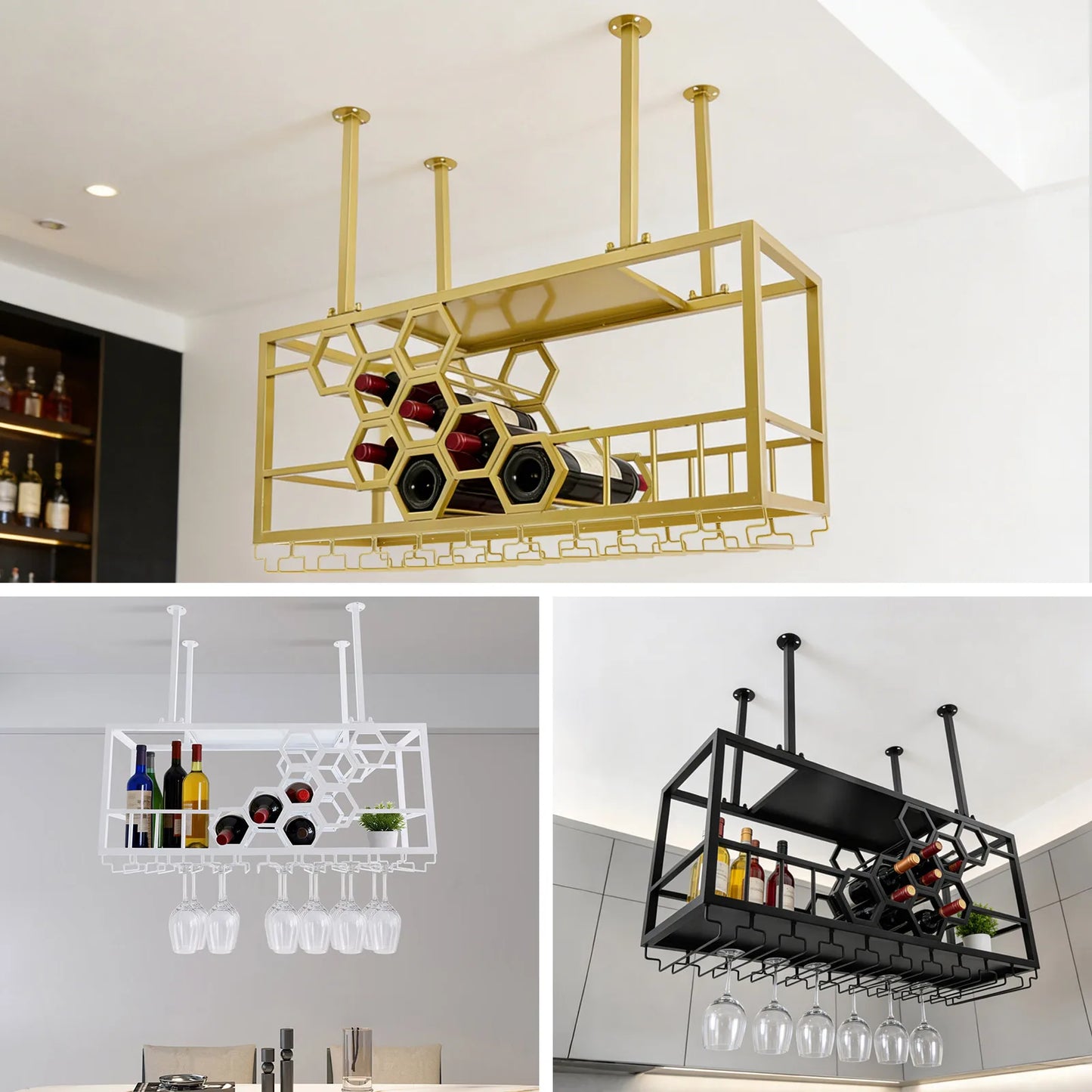 2-Tier Hanging Wine Rack, 150lbs Load Capacity Ceiling Wine Storage Shelf, Honeycomb Structure Suspended Wine Bottle Holder For Homes, Hotels, Wineries