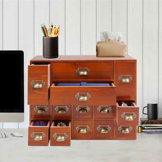 Antique Brown 14-Drawer Storage Cabinet, Multi-Size Vintage Wood Organizer with 14 Compartments, Compact Tabletop Display Case