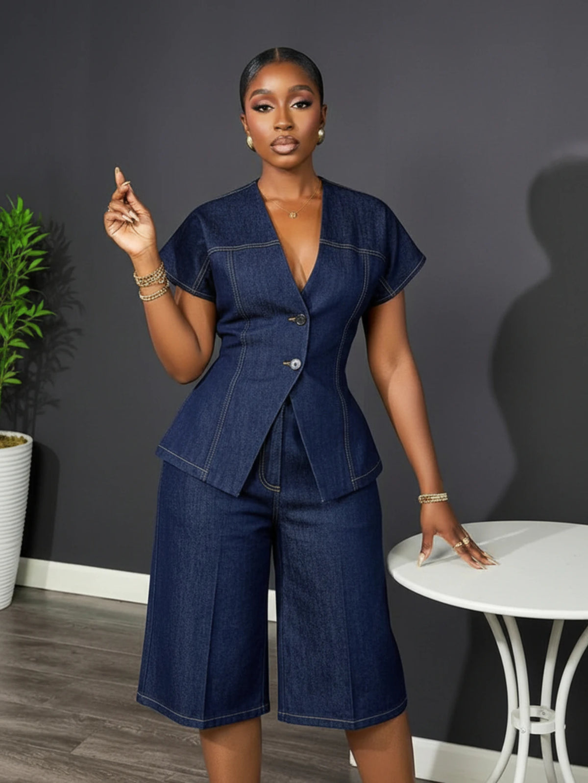 Women V Neck Short Sleeve Blazer Capri Pants Business Set