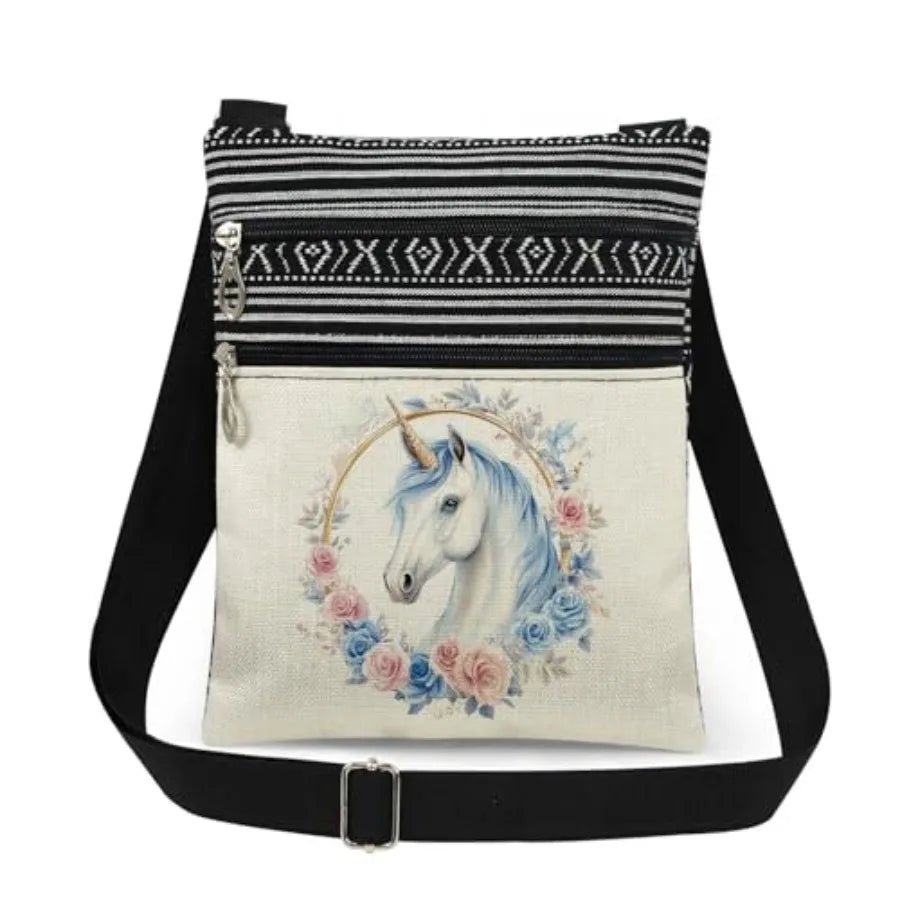 Unicorn Flower Art Print Messenger Bag With Adjustable Strap