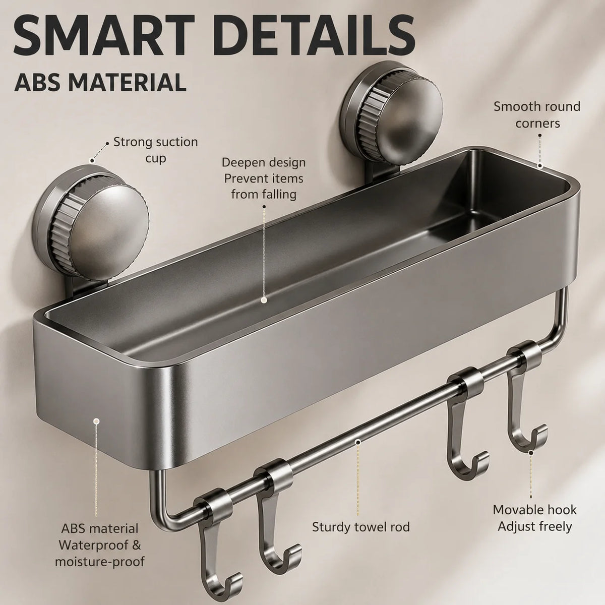 Heavy-Duty Suction Cup Shower Shelf – Wall-Mounted Floating Shelf with Quick-Adhesive Mount; Space-Saving Organizer for Shampoo and Soap; Suitable for Bathtubs, Shower Stalls, and Rentals.