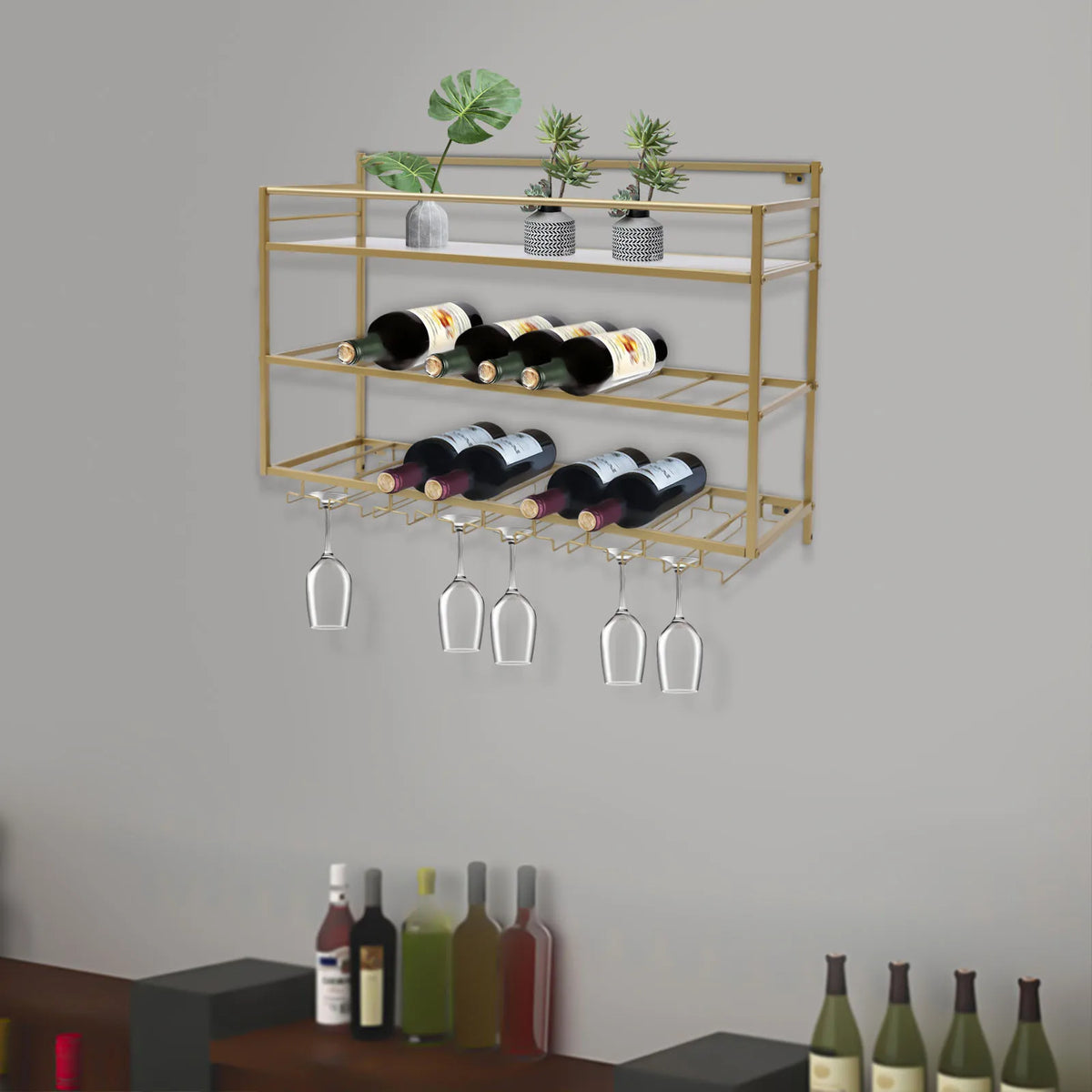 Wine Rack Wall Mounted, 3 Tier Gold Metal Wine Rack 80x25x55cm, 30kg/66lbs Heavy Duty Capacity with Wine Glass Holder, Space Saving Storage for Kitchen Bar Dining Room