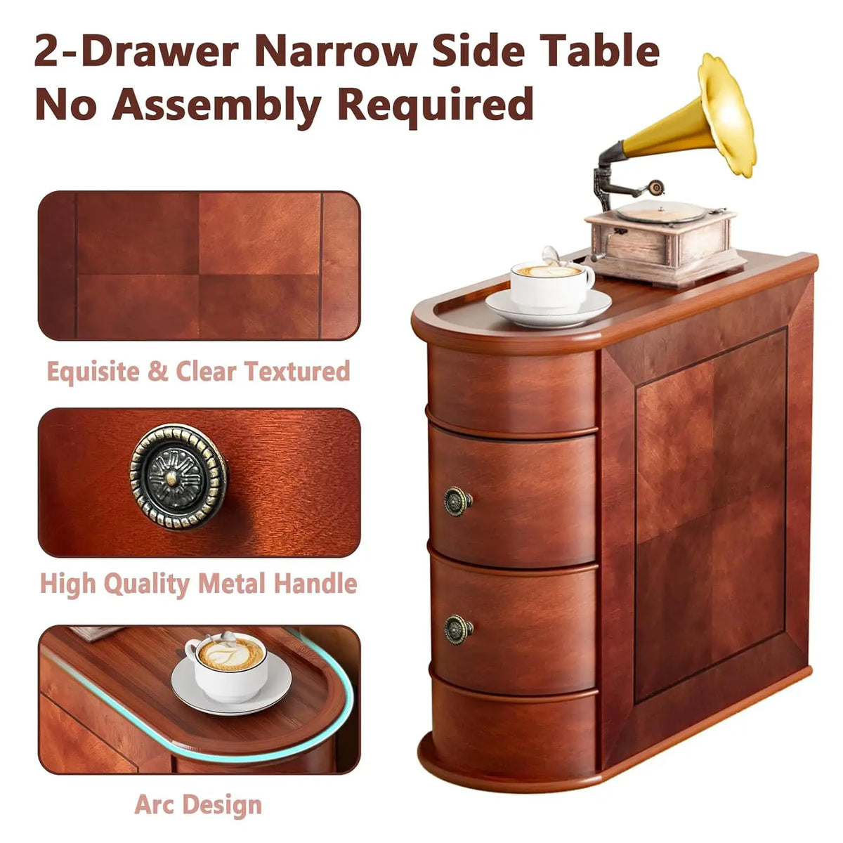 Solid Wood End Table with 2 Drawers Narrow Slim Side Nightstand for Living Room Bedroom Vintage Finish Back, Customized