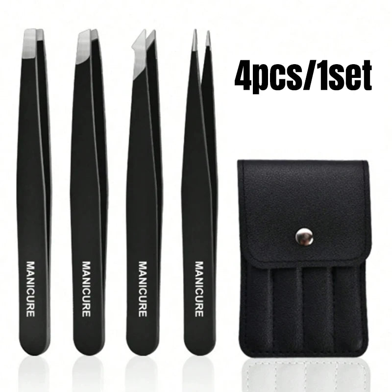 1/4pc Stainless Steel  Eyebrow Tweezers Kit Eyebrow Eyelash Tweezers with Storage Bag Beauty Salon Home Hair Removal Tweezers