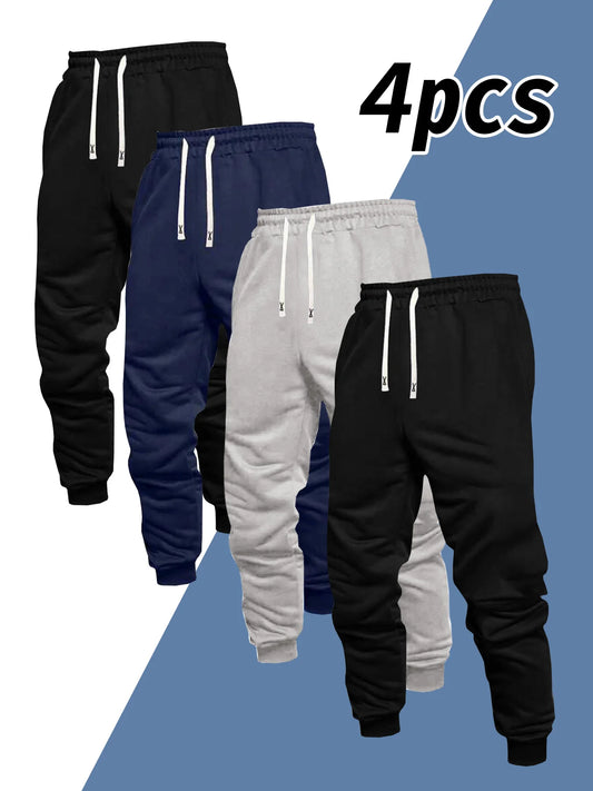 Men's 4-piece casual pants, solid color sports pants, and ankle tied outdoor jogging pants can be worn all year round