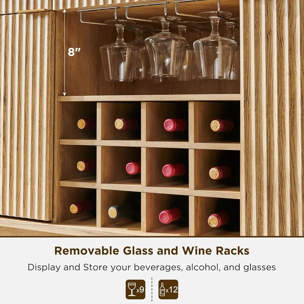 luted Wine Bar Cabinet, 60" Wide ern Buet Sideboard with Ample Storage - 2 Side Cabi, 3 Ders, 4 Glass Holders & 12 Wine Racks, C