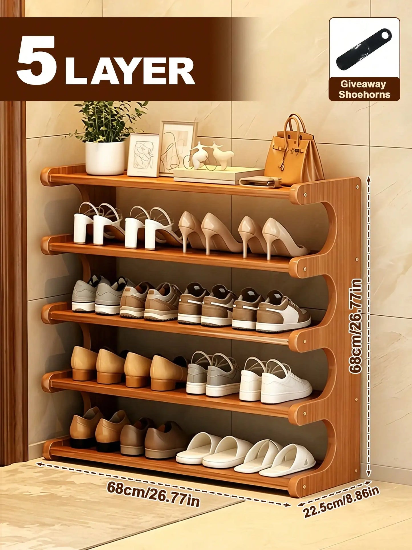 6-Tier Bamboo Shoe Rack for Closet, Freestanding Shoe Organizer Shelf with Elegant Arc Design, Space Saving Entryway Storage Rack, Natural Brown