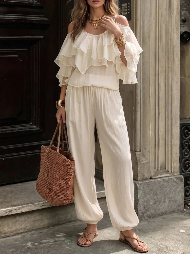 Women Casual Off Shoulder Ruffle Top And Elastic Jogger Pants