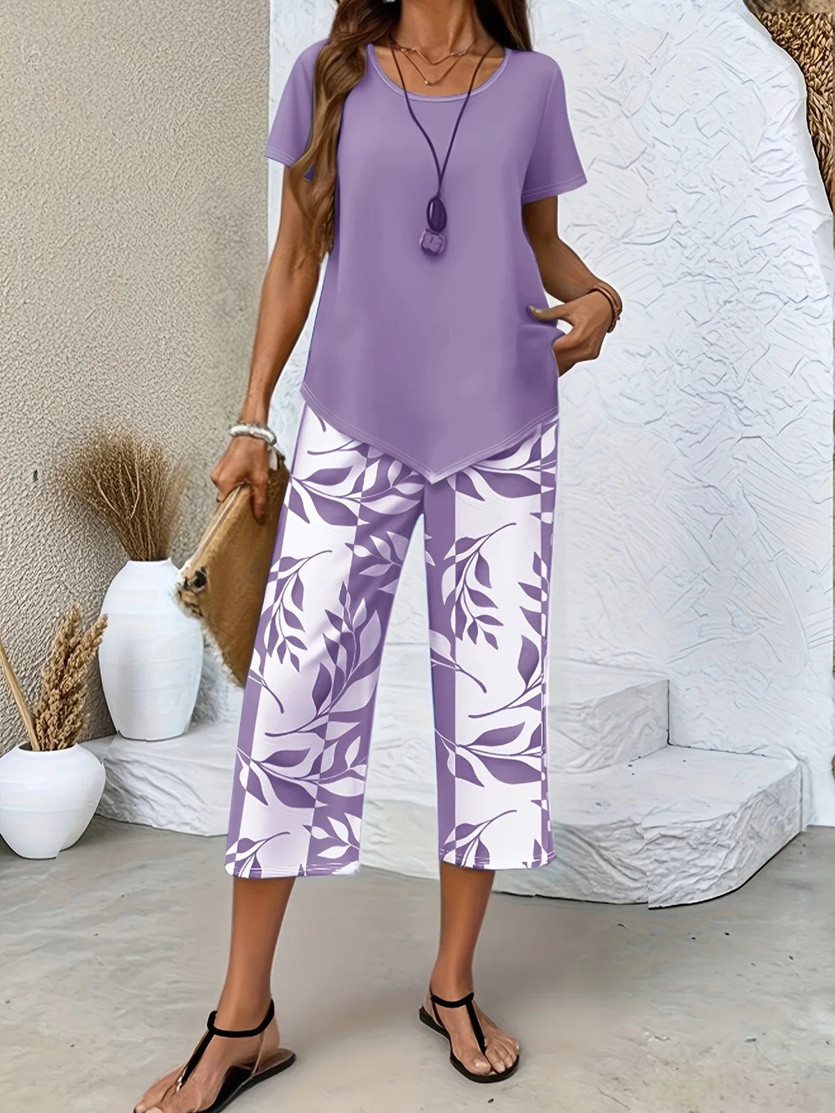 QQRRGK Women Casual Leaf Print Two Piece Pants Set