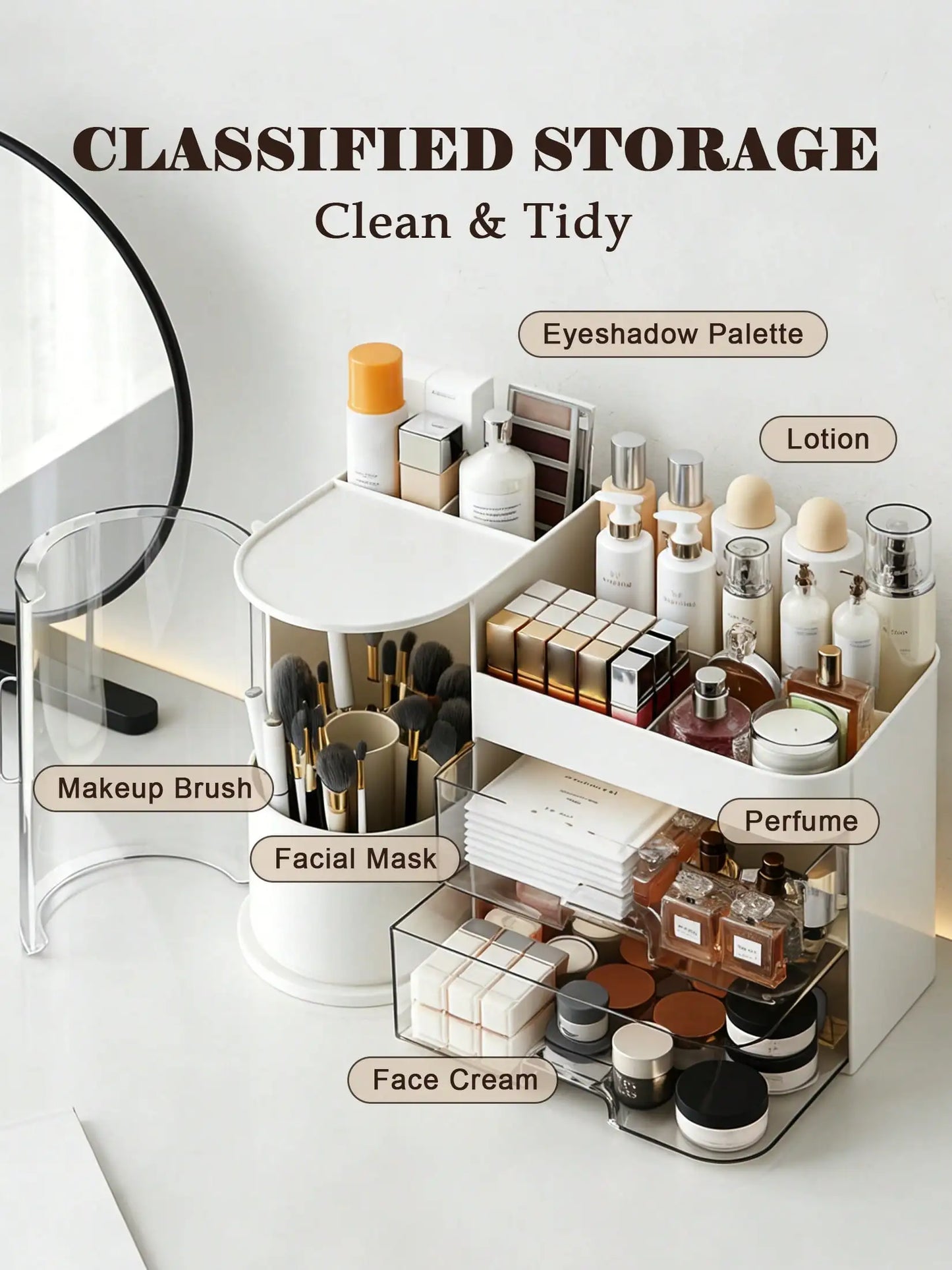 2-Tier Rotating Makeup Organizer with Brush Holder, Large Capacity Skincare Storage Box for Bathroom Countertop Vanity Dresser, White
