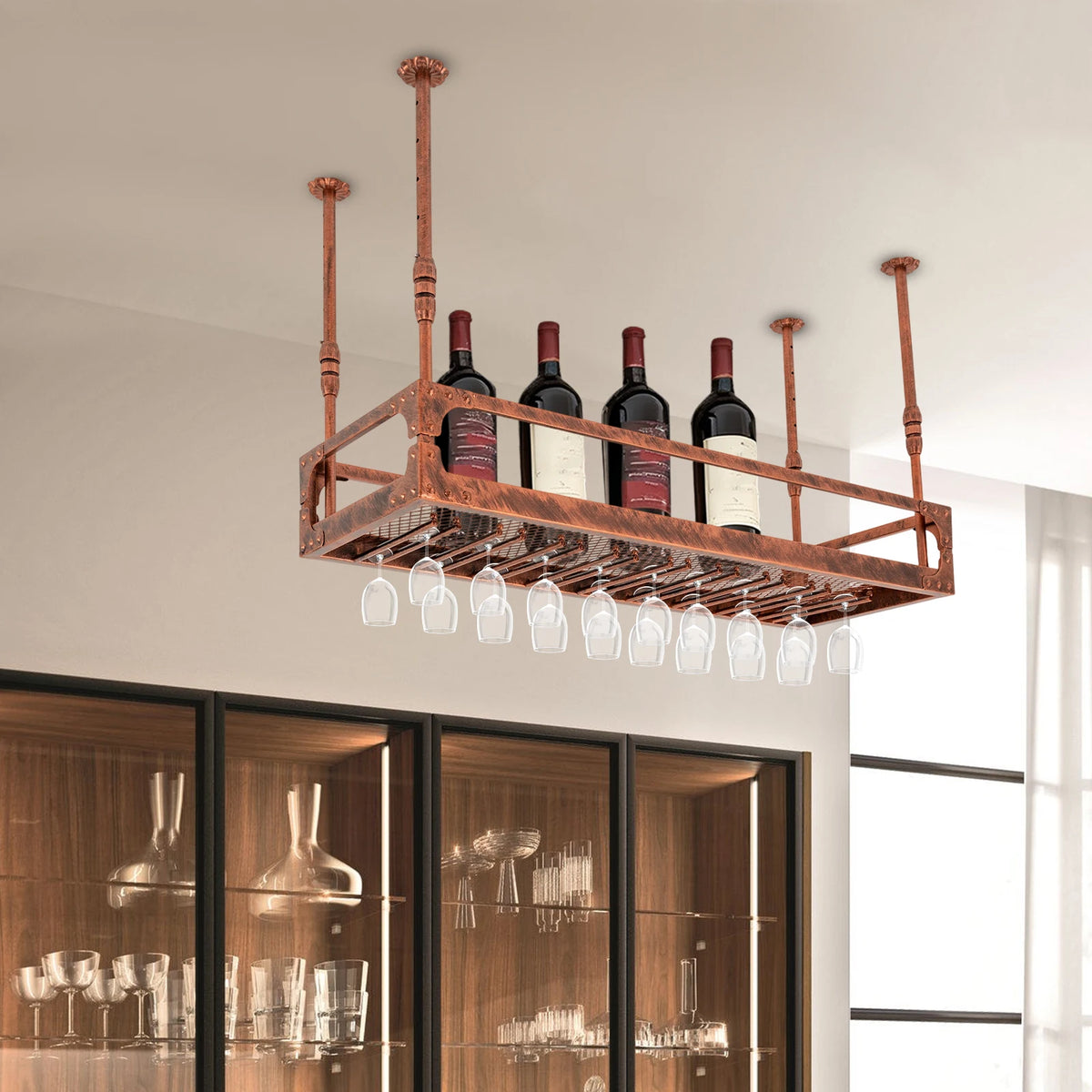 100cm Wine Rack Bar Floating Shelf Wall-Mounted Wine Rack Ceiling Mount Liftable for Hold Wine Bottles Shot Glasses Plants Recipes Home Decor Kitchen Accessories Foldable Dish Towels Photo Frames