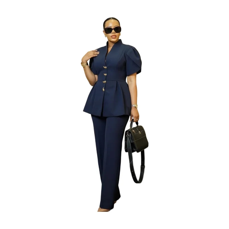 Women Stand Collar Puff Sleeve Peplum Polyester Pants Suit