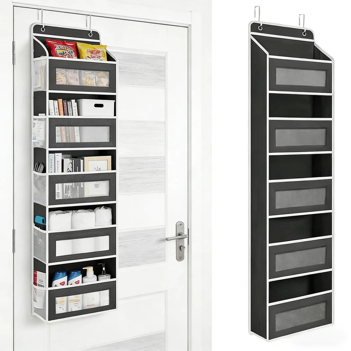 5-Tier Hanging Storage Organizer with 10 Side Pockets, Over Door Pantry Rack with 44 Lbs Capacity, Anti-Tilt Design for Bedroom, Bathroom, Dorm, White