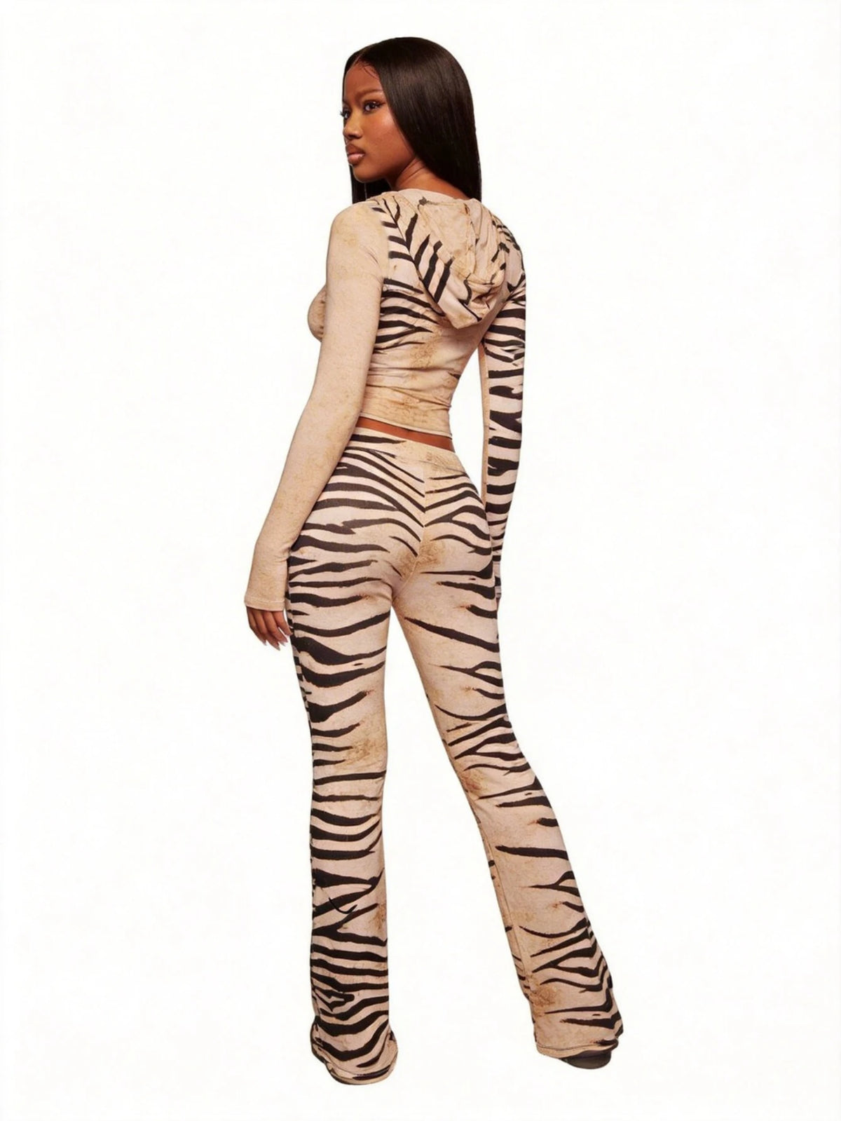 Women's Long Sleeve Zebra Print Crop Top Flare Pants Set