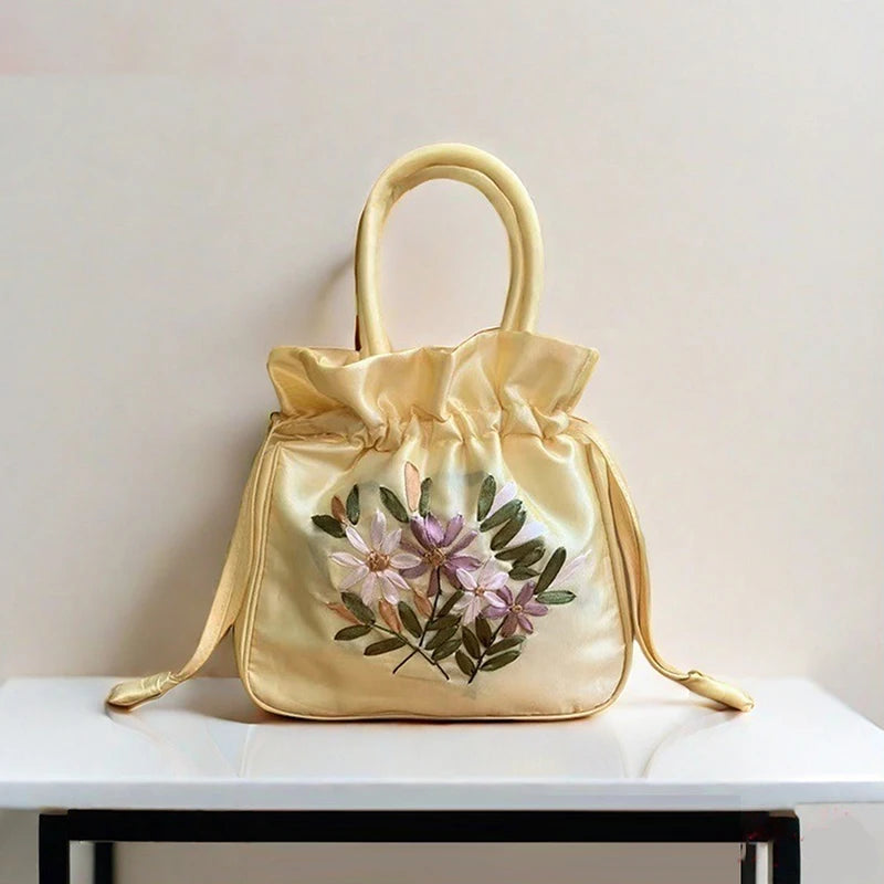 National Style Embroidered Flower Bucket Bag With Drawstring