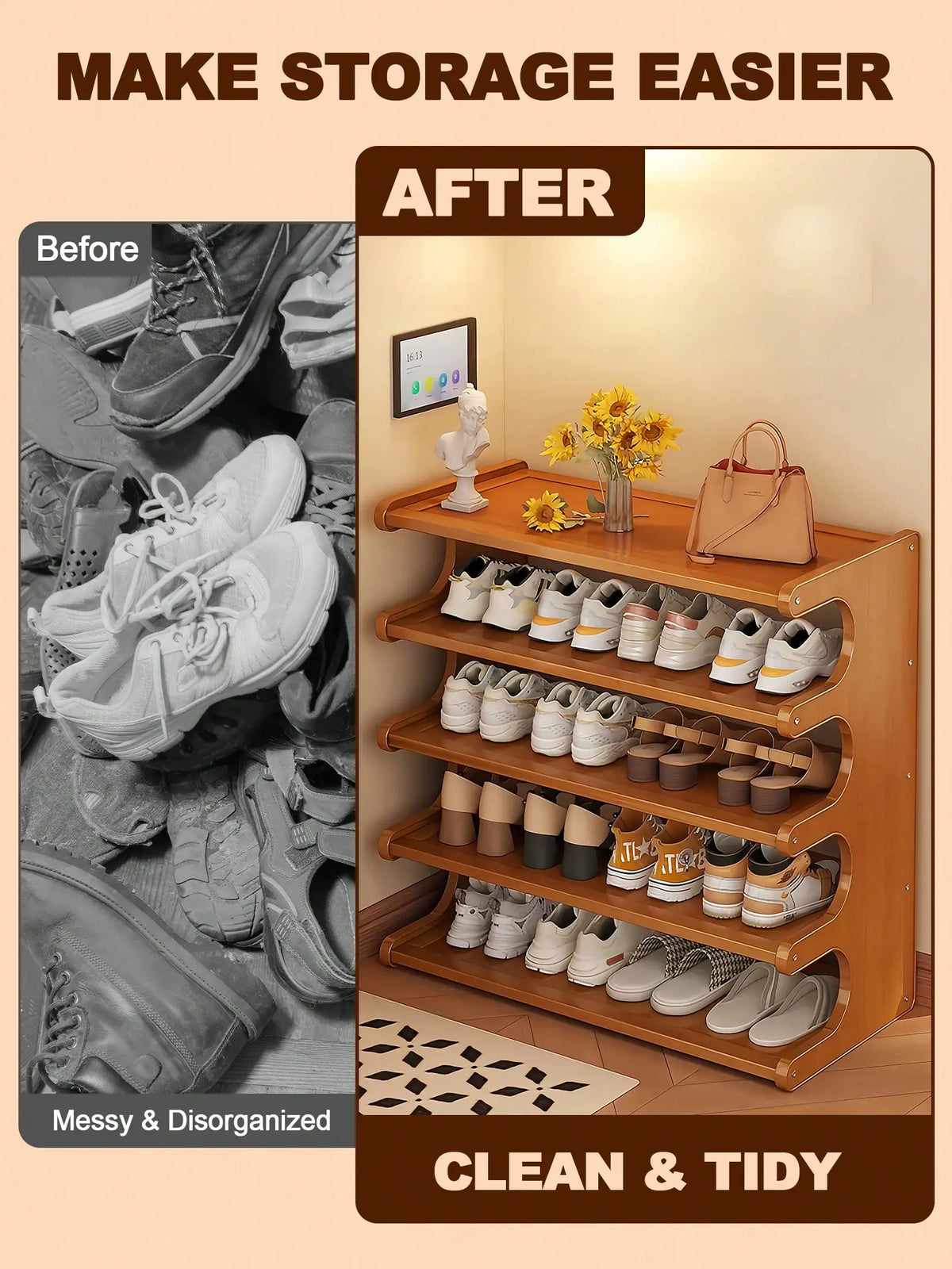 6-Tier Bamboo Shoe Rack for Closet, Freestanding Shoe Organizer Shelf with Elegant Arc Design, Space Saving Entryway Storage Rack, Natural Brown