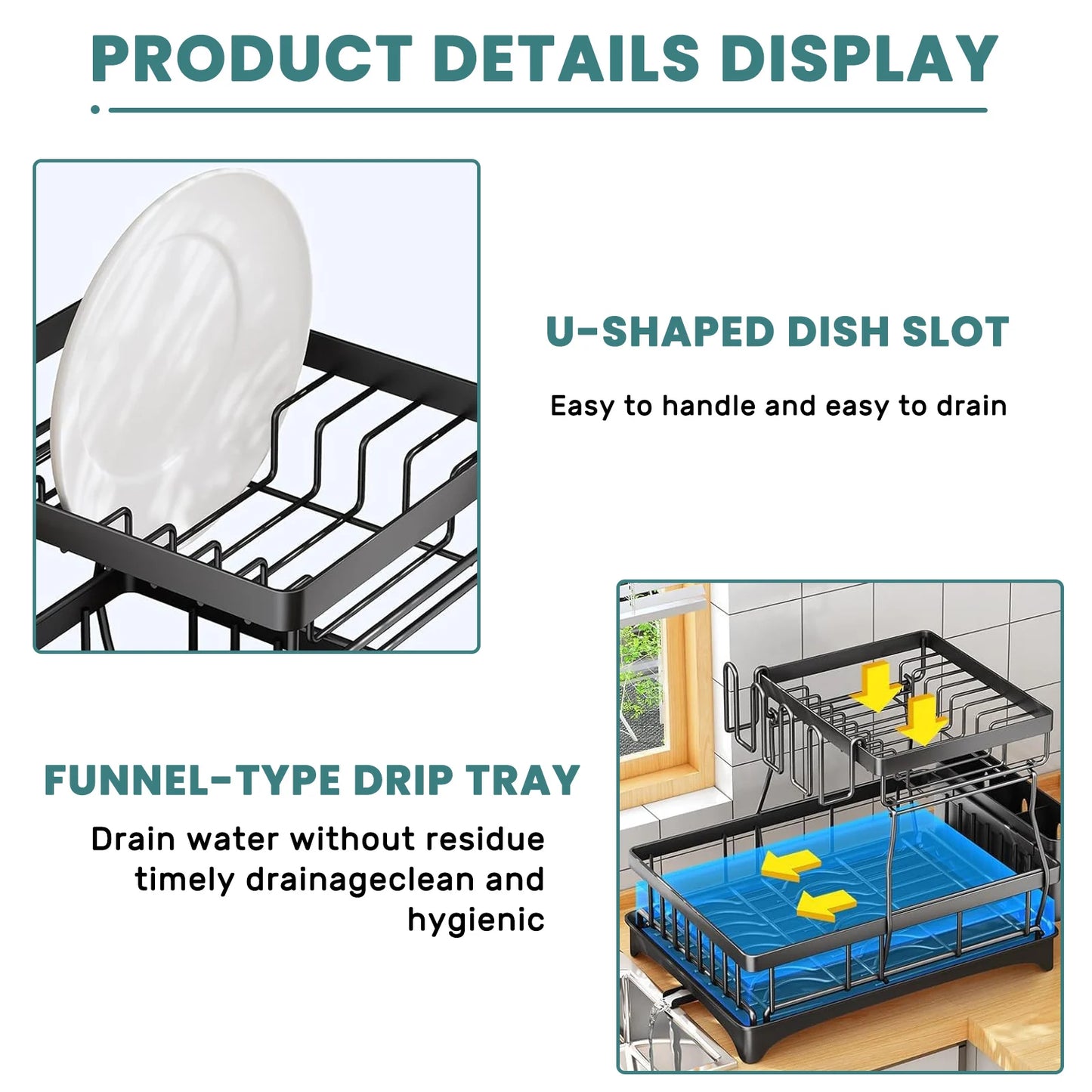 Kitchen Storage Rack, 2 Tier Dish Drainer with Drip Tray and Drainer Mat,with Utensil Holder, Swivel Spout, Draining Board