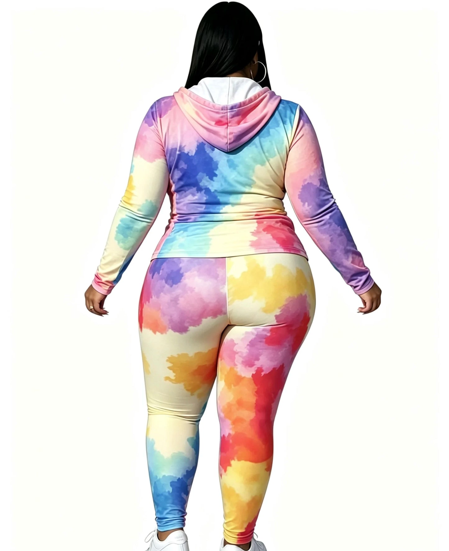Zip-Up Hoodie And Skinny Pants Two-Piece Set With Tie-Dye Pattern
