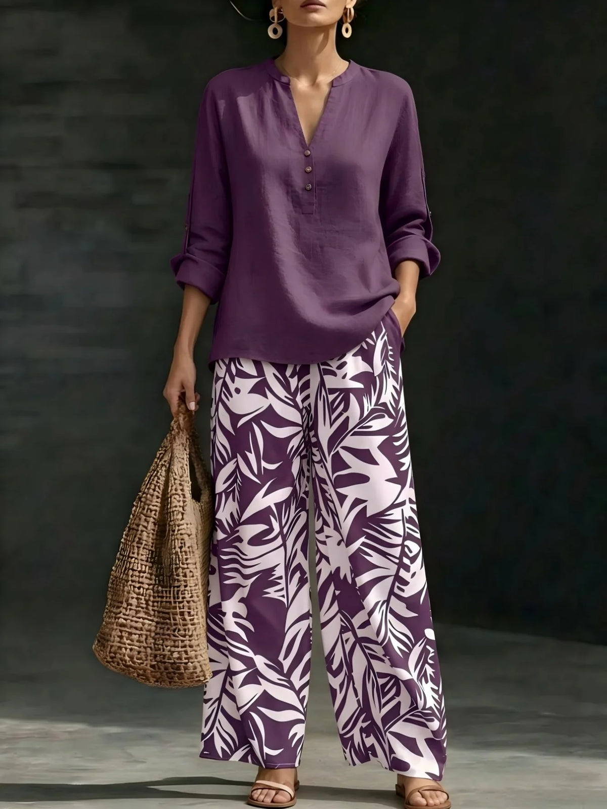 Women's Leaf Print Blouse and Wide Leg Pants Outfit Set