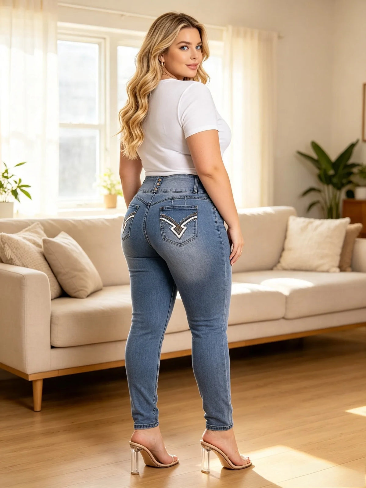 【HME】Jeans | High‑Rise Skinny Denim Pants, Ladies 3‑Button Waist Stretch Denim Jeans, Decorative Rhinestone Embroidery On Back Pockets, Figure‑flattering Pants, Light Blue Washed Denim For Casual Occasions