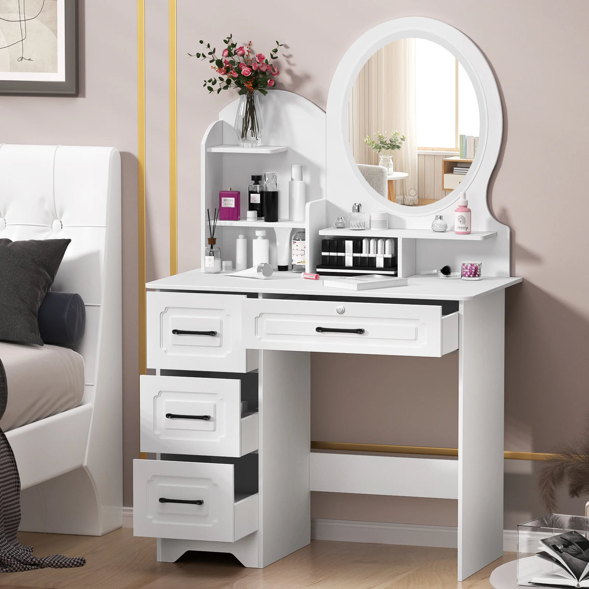 Modern Makeup Vanity Table with Mirror & Lights, Extra Storage Shelves, 4-Drawer Dressing Table, Cosmetic Desk with Organizer