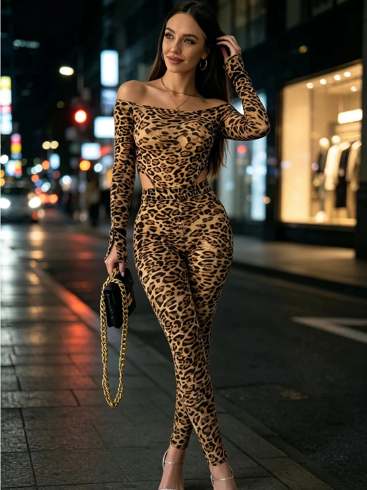 Women Leopard Print Off Shoulder Bodycon Two Piece Outfit
